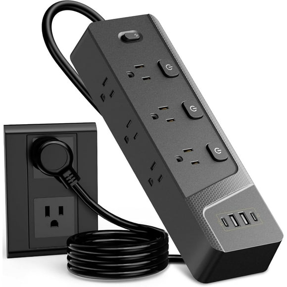 Multicontacto Regleta Extension Electrica con Protector Supresor de Picos de Voltaje, 1.8 M, Enchufe Plano, 6 Salidas y 4 USB (2 USB-C), Sleek Socket para Hogar y Oficina