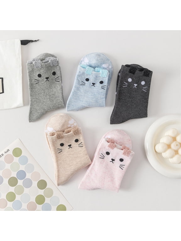 Fengactive 5 Pack Womens Cute Animal Design Crew Socks Breathable Cat Theme Mid Calf Socks Soft Novelty Print