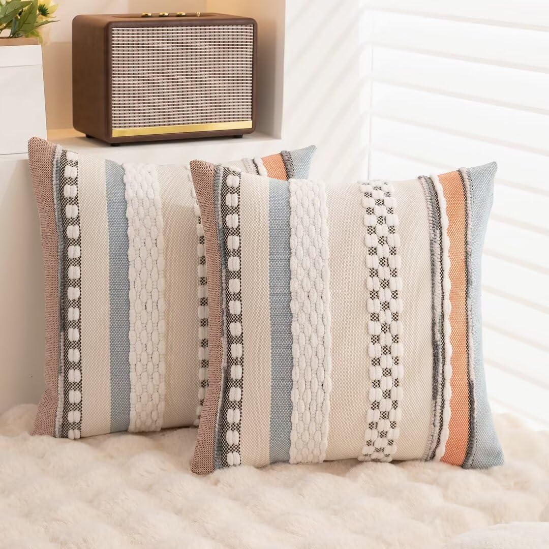 Boho Throw Pillow Covers 18x18 Set of 2 Farmhouse Decorative Cushion Case Striped Square Pillows Cover Chenille Pillow Cases Accent Neutral Pillowcase for Sofa Couch Bed