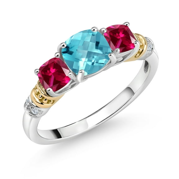 Gem Stone King 925 Silver and 10K Yellow Gold Swiss Blue Topaz and Red Created Ruby and Diamond 3-Stone Ring for Women (1.88 Cttw, November Birthstone, Cushion Checkerboard 6MM and 4MM, Size 9)