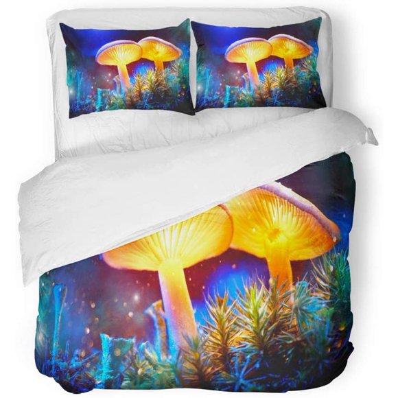 RYLABLUE 3 Piece Bedding Set Mushroom Fantasy Glowing in Mystery Dark Forest Close Up Beautiful Macro Shot Twin Size Duvet Cover with 2 Pillowcase for Home Bedding Room Decoration