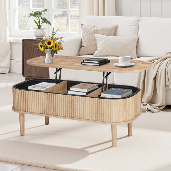 KFFKFF 39.4" Lift Top Coffee Table, Oval Wooden Coffee Table with Storage, Mid-Century Design Center Table for Living Room & Office, Burlywood