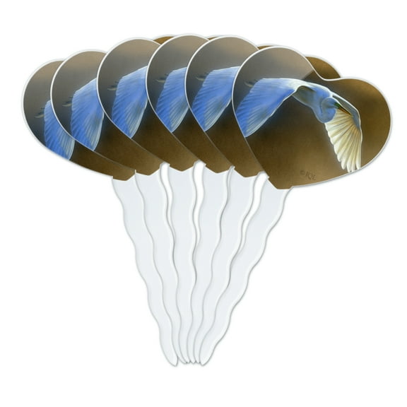 White Egret in Flight Heart Love Cupcake Picks Toppers Decoration Set of 6