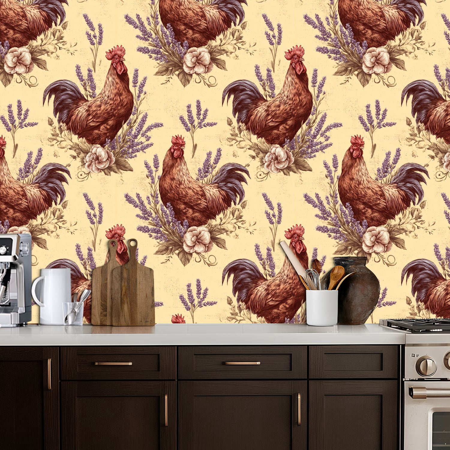 Peel and Stick Wallpaper 17.7in x 9.8ft Rustic Farmhouse Rooster Floral Seamless Warm Vintage Tones Contact Paper Vinyl Waterproof Self Adhesive Wall Paper for Bedroom Shelf Cabinet Renter Friendly