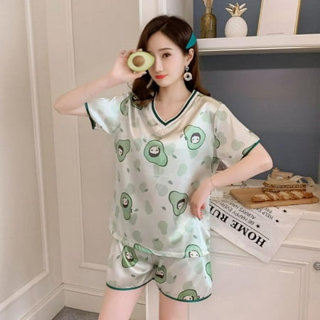 

50% Off! A Suit of Summer Ice Silk Women Sleepwear Cozy Short-sleeve V-neck Cute Cartoon Shorts Homewear Pajamas