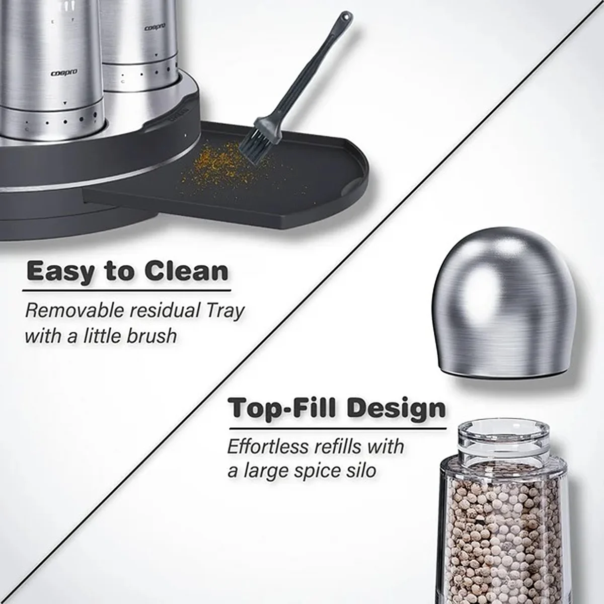 COSPRO 5-in-1 Wireless Charging Electric Salt and Pepper Grinder Set, Rechargeable Automatic Stainless Steel Spice Mill Set - One-Hand to Operate, Adjustable Coarseness, Easy Cleaning