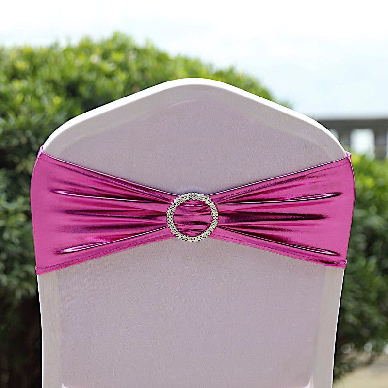 10 Fuchsia Spandex CHAIR SASHES with Silver Round Buckles Wedding Decorations 