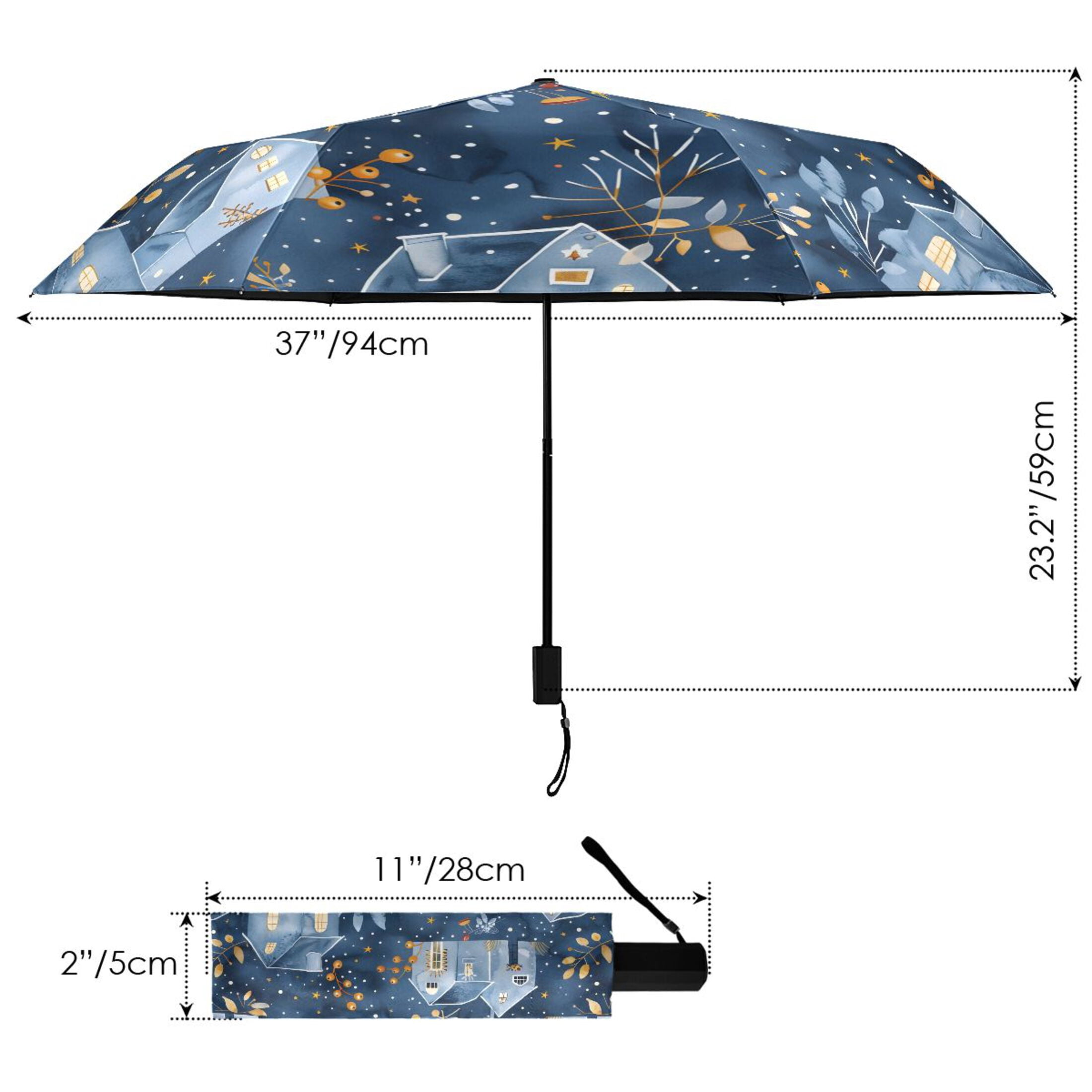 Winter Houses and Barberry Branches Compact Sun Umbrella Windproof Travel Umbrellas for Rain Strong Portable UV Protection