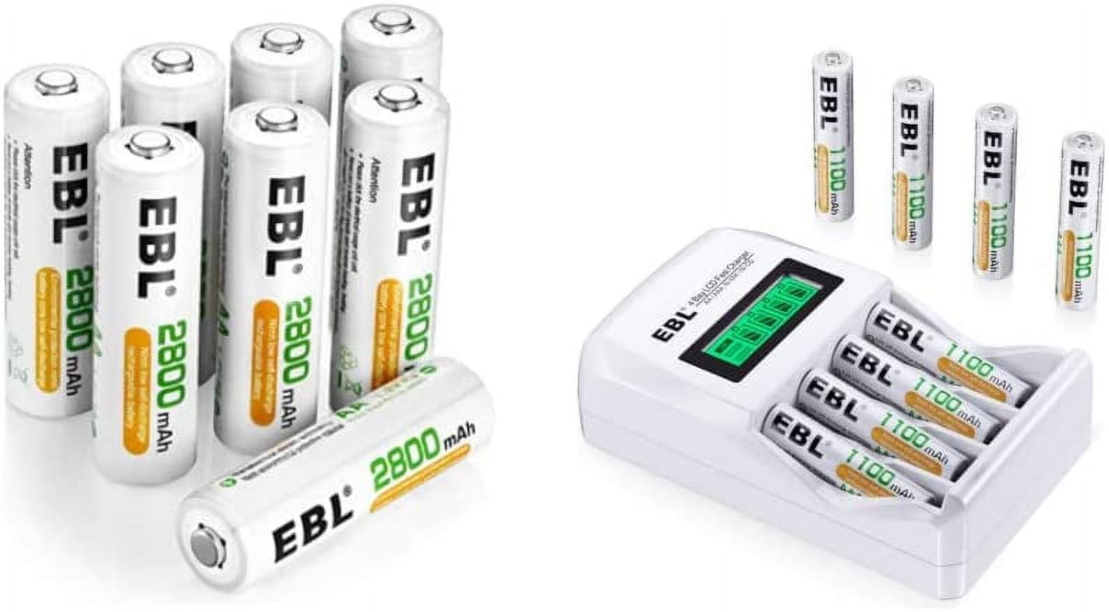 EBL Pack of 8 AA Rechargeable Batteries 2800mAh and Rechargeable AAA Batteries 1100mAh (8 Counts) with 907 LCD Individual Charger