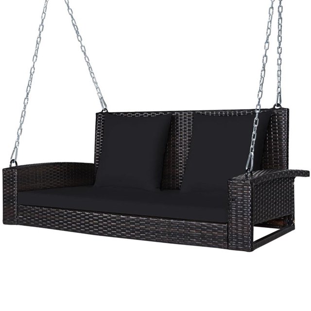 Pemberly Row 2 Person Patio Rattan Hanging Porch Swing Bench Chair Black