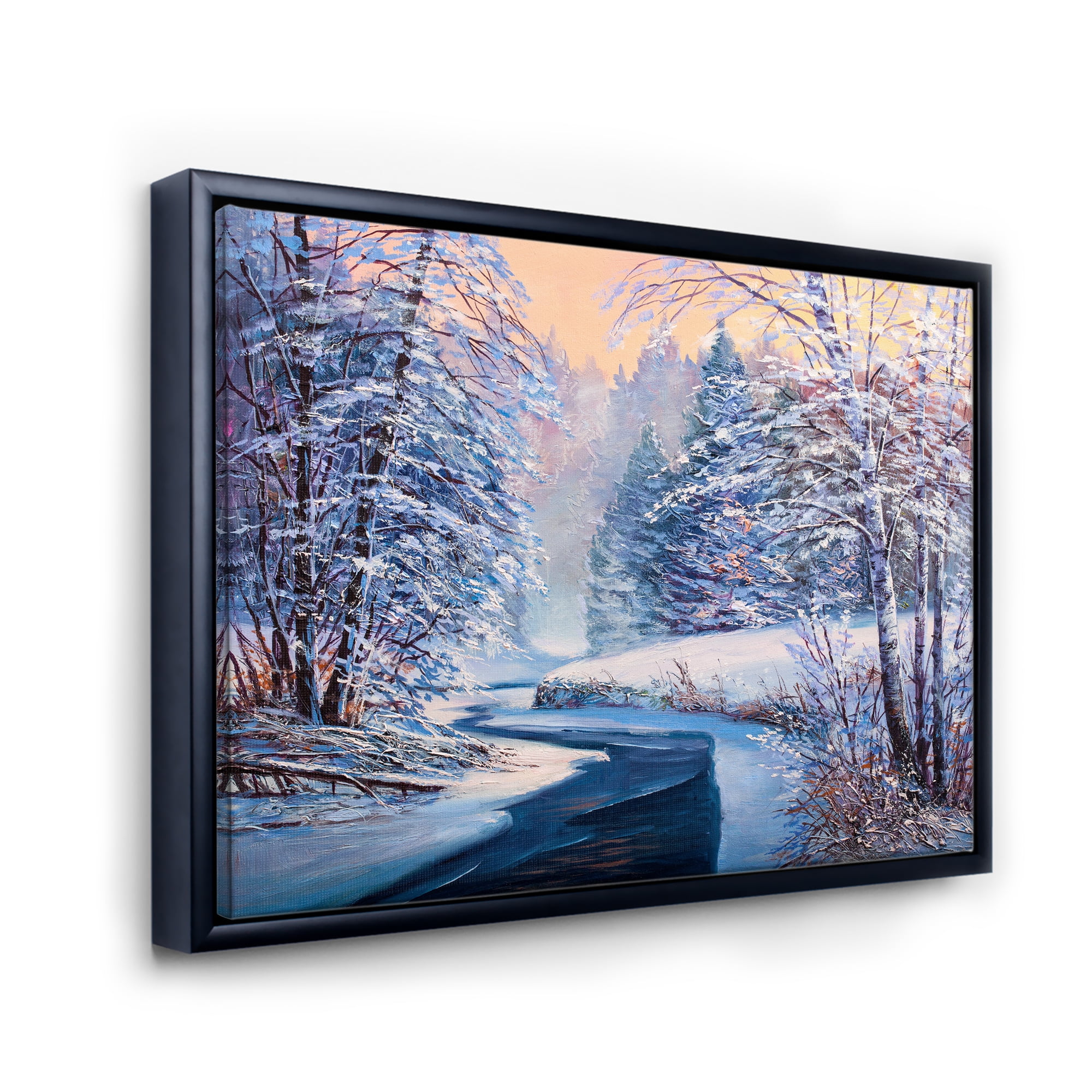 Designart 'Pastel Winter Forest With River' Lake House Framed Canvas Wall Art Print