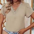 thumbnail image 3 of Blusa de encaje con escote en V y mangas cortas de pétalos de color caqui para mujer de verano: camiseta informal de corte holgado, 3 of 7