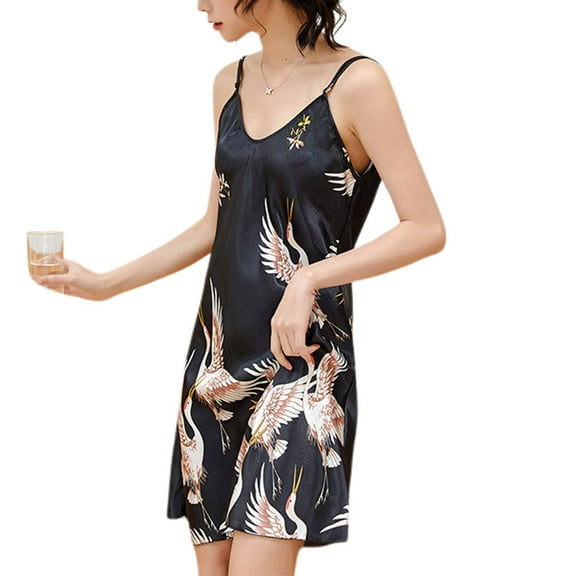 Defitshape Women's Sexy Satin Chemise Nightgown Pjs Short Night Dress Soft Cami Summer Silky Fall Sleep Cool Sleeveless Silk Sleepwear Black X-Small
