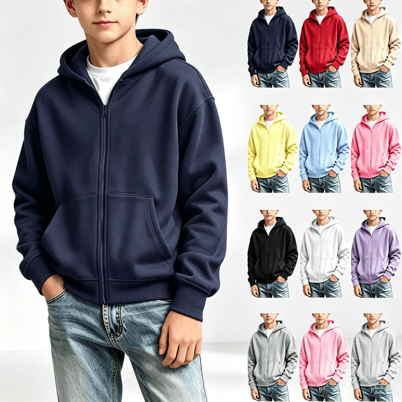 NEBWOAK Full Zip Hoodie for Boys Girls, Navy Lightweight Hooded Sweatshirt Jacket, Size 7-8 T