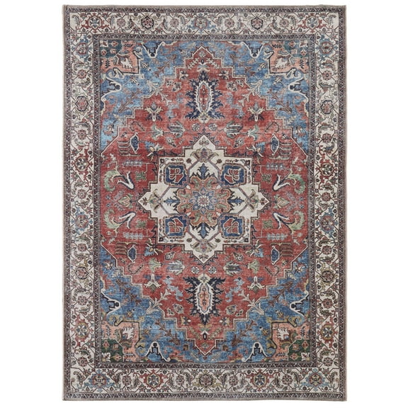 Feizy Percy Transitional Medallion, Red/Blue/Ivory, 5'3" x 7'6" Area Rug Easy Care Fade Resistant Sheen Bohemian & Eclectic Oriental Floor Rug for Living room Bedroom