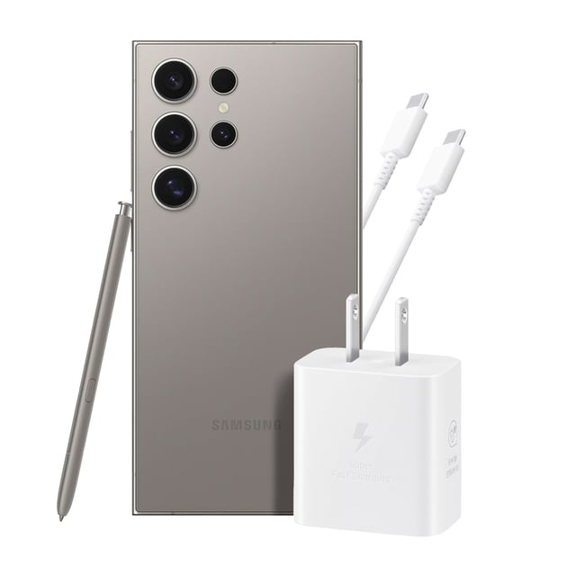 samsung galaxy s24 ultra 12gb 512gb 5g gris + adaptador 25w ep-t2510 cable blanco, vista posterior centrada del teléfono gris con módulo de cuatro cámaras en columna, S Pen gris apoyado a la izquierda y adaptador de carga blanco 25W con cable USB‑C al frente; fondo blanco y acabado metálico mate con logotipo Samsung en la parte baja. A menudo usado para creación de contenido y productividad móvil.