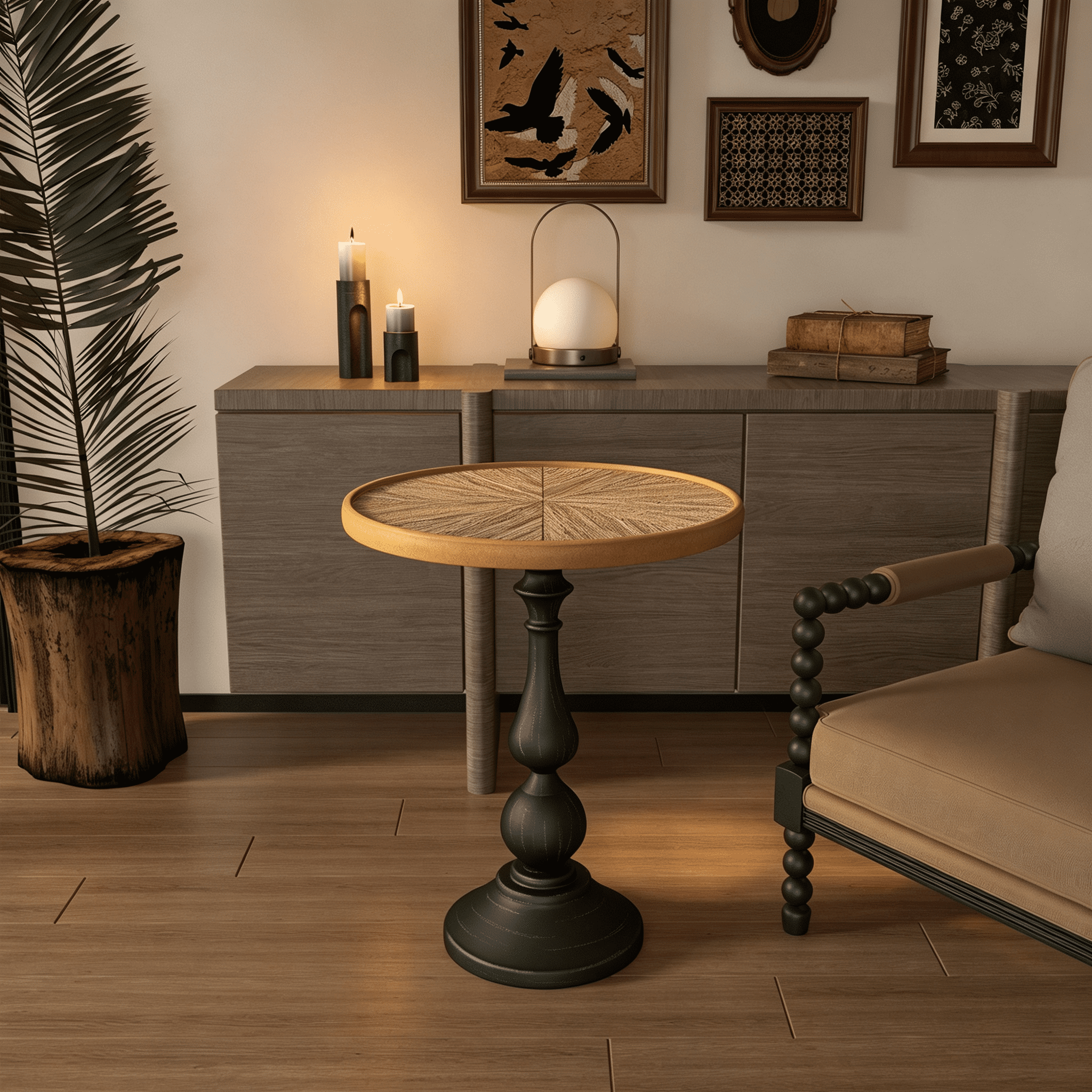Natural Wood Round End Table with Metal Base, 19.9 x 19.9 x 23.4 in