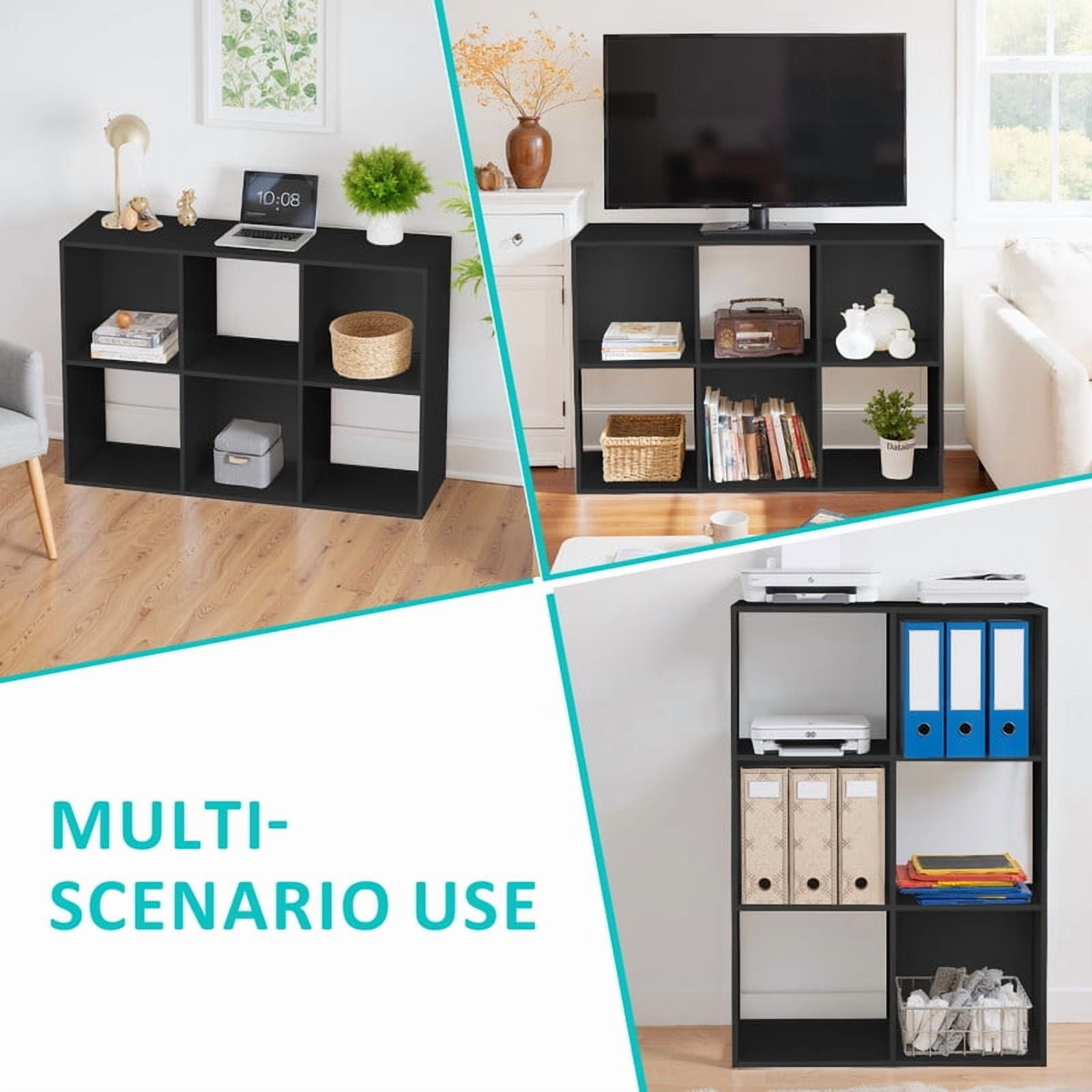 Beddle 6-Cube Storage Organizer, Open Bookshelf with Removable Back Panels, Black Wood Bookcase for Living Room, Bedroom and Home Office
