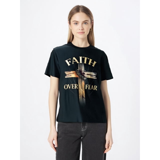 Faith Over Fear Christian Cross Religious For Men Women T-ShirtFather's Day, Mother's Day, New Year,Camisetas de verano para mujer, manga corta, cuello redondo, casual, lindo, con gráficos, camisetas