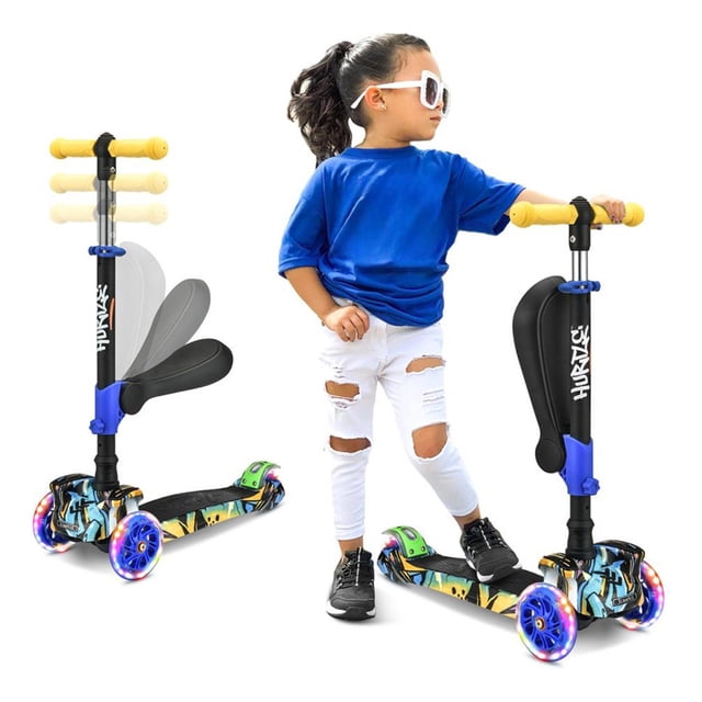 Scooter de 3 Ruedas Hurtle para Niños y Niñas 1 Año en Adelante, Patin del Diablo, Luces LED en las Ruedas, Manillar Ajustable y Asiento Plegable, Modo Sentado o de Pie con Freno, Graffiti
