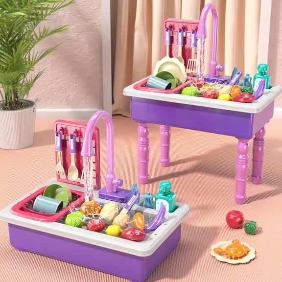 Pretend Play Kitchen Sink Toyset with Running Water, Purple, Dishwasher and Upgraded Automatic Water Cycle System, Outdoor Indoor Playset for Girls Kids