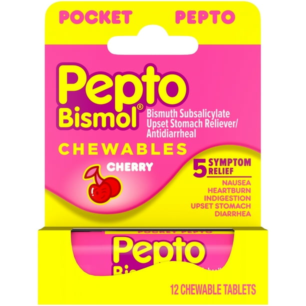 Pepto Bismol To Go Chewable 5 Symptom Stomach Relief, Cherry, 12 ct