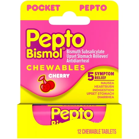 Pepto-Bismol To-Go Cherry Flavor Digestive Relief Chewable Tablets 12 ct Box
