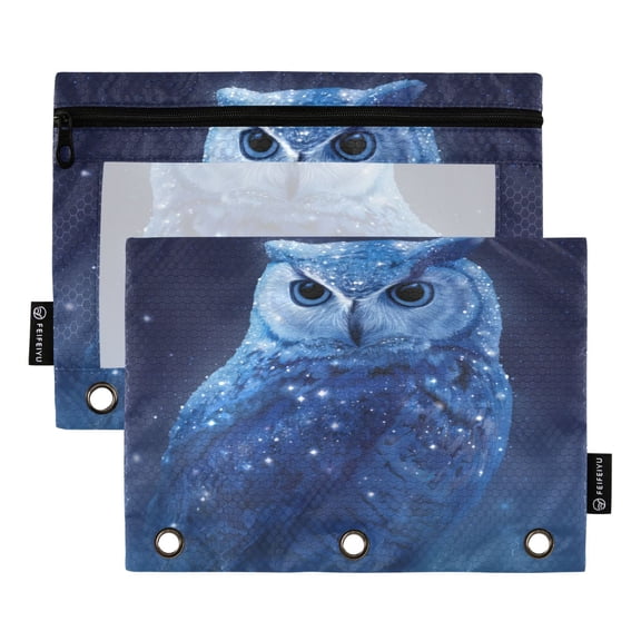 2 Pack 3 Ring Binder Pouch with Clear PVC Window Water Resistant Zipper Pencil Pouch Blue Owl Binder Pocket for Classroom Office Home Stationery Organization
