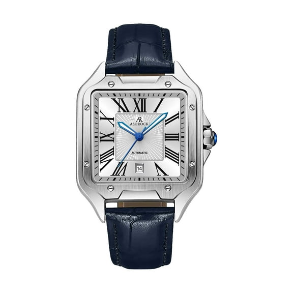 Silver/White - Navy Blue strap Diplomat| 42 mm automatic homage mens watch | vintage square tank silhouette watch