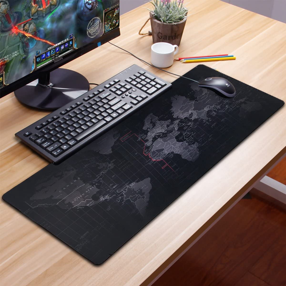 AUBEAMTO Extended XXXL-Size Gaming Mouse Pad - 35.5"x15.8"x0.08" Dimension - Portable with Extended XL Size - Non-slip Rubber Base - Special Treated Textured Weave with Precision Control (worldmap)