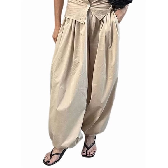 Women'S Casual Cotton Baggy Pants with Elastic Waist Relax Fit Lantern Trouser Khaki L