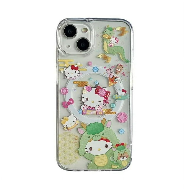 Cute Sanrio Hello Kitty Magnetic Bracket Magsafe Wireless Charge Phone Case For iPhone 15 14 13 12 11 Pro Max Clear Hard Cover RJ