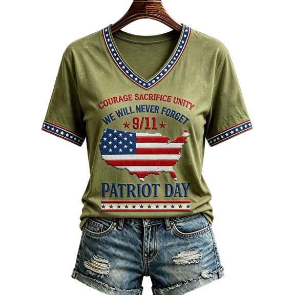Bexdxz Women's 9.11 Never Forget Printed V-Neck Short Sleeve T-Shirt Patriotic American Flag 2001-2026 25Th Anniversary Honor Tee for Everyday Wear Olive Green L
