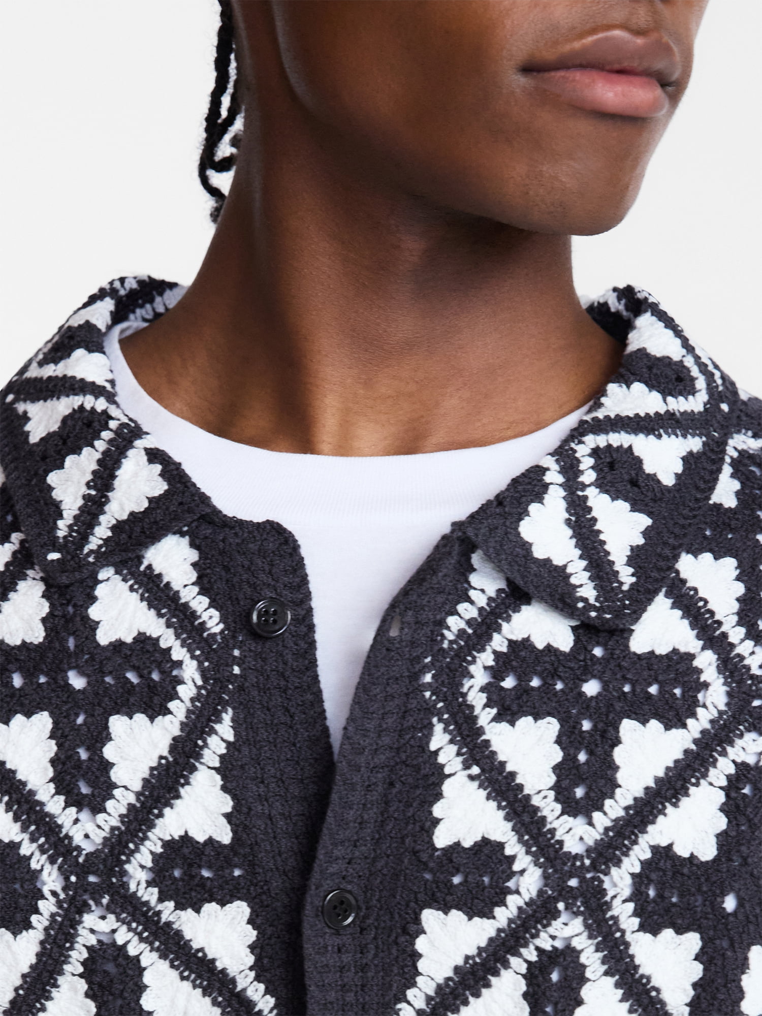 No Boundaries Men's Faux Crochet Deco Pattern Button Through Sweater Polo, Sizes XS-3XL