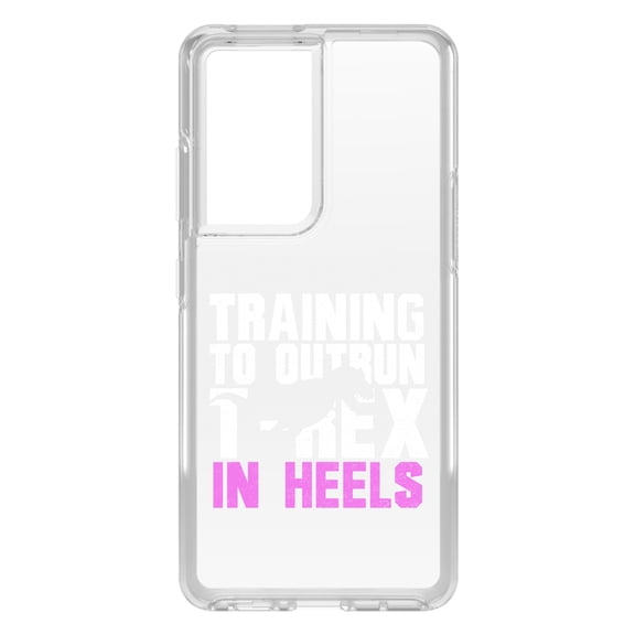 DistinctInk Clear Shockproof Hybrid Case for Galaxy S21 ULTRA 5G (6.8" Screen) - TPU Bumper Acrylic Back Tempered Glass Screen Protector - Training to Outrun T-Rex in Heels