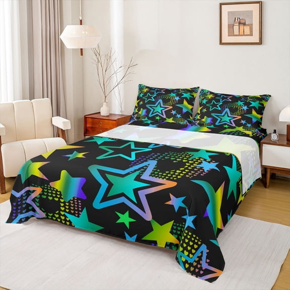 Feelyou Dreamy Stars Graffiti Twin Sheet Sets for Kids, Black Blue Cartoon Twin Fitted Sheet, Fashion Love Heart Flat Sheet, Ultra Soft Bedroom Decor, 3-Piece