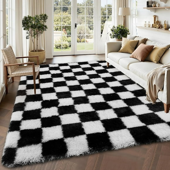 Garvee Tapis Moelleux 8'x10 Pieds pour Aire, Tapis Shag Doux de Luxe, Tapis Shaggy Moderne à Carreaux, Tapis de Noël avec Endos Antidérapant pour Salon Chambre Déco Maison, Noir