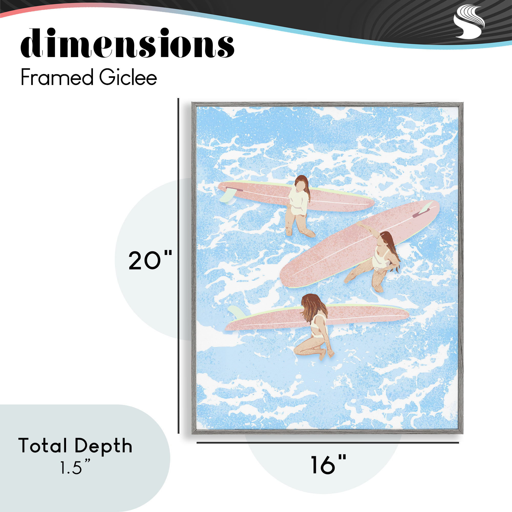Surfing Girls Trio Gray Framed Giclee Art, design by Ziwei Li