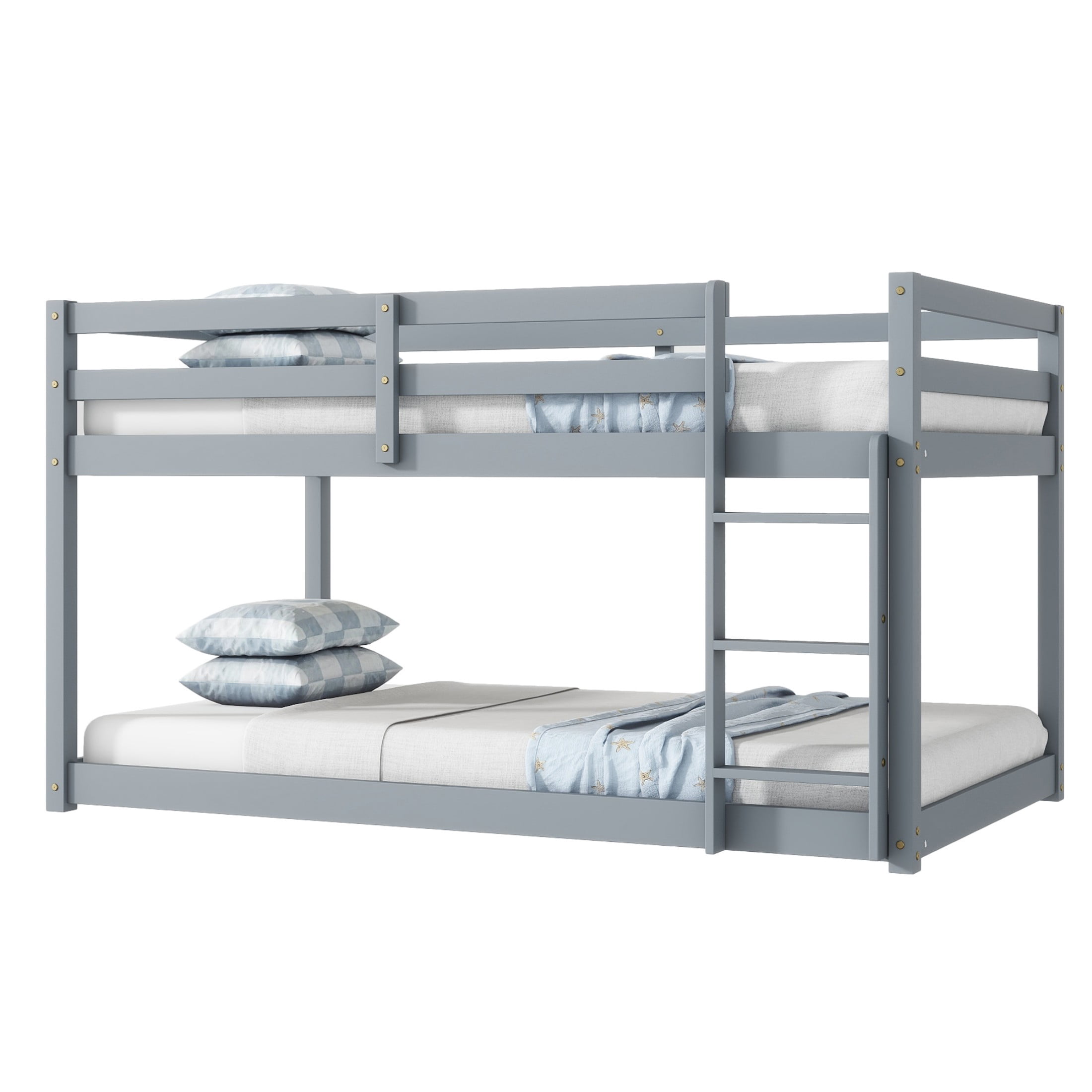 Alvantor Twin Over Twin Bunk Bed, Solid Rubber Wood Low Floor Bunk with Ladder, Grey