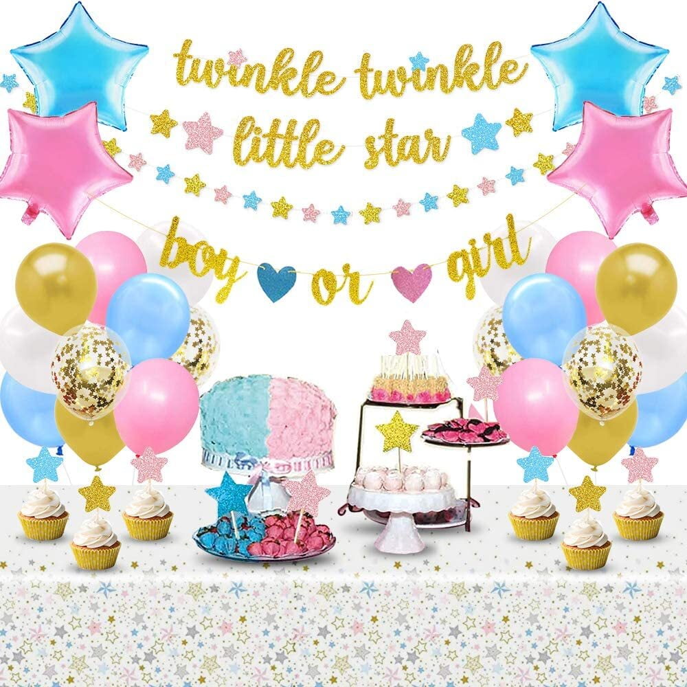 AOWEE Gender Reveal Party Supplies, Pink Blue Balloon Garland Arch Kit, Gold Foil Moon&Stars Confetti Pastel White Latex Balloons for Birthday Baby Shower Decorations Wedding Party Supplies