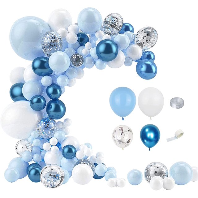 107 Uds. Globos azules decoraciones para fiestas, globos azules y blancos del océano Macaron globo de látex azul decoraciones para fiestas Kit de globos para niñas JFHHH pequeña