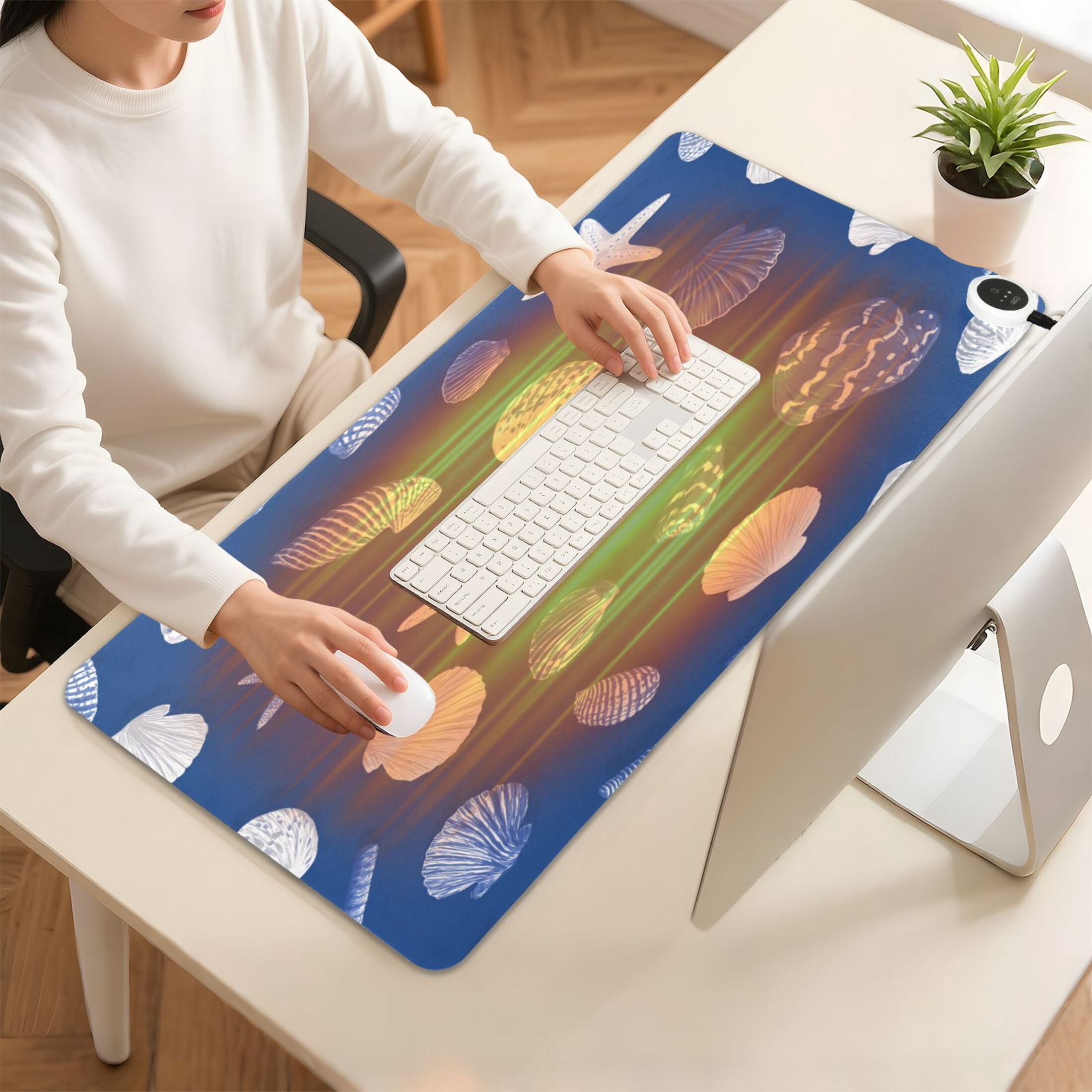 Large Heated Desk Mat Mouse Pad 31.5"x13"PU Leather Graphene Heating Desk Warmer with 3 Temperature Settings 110V US Plug Non-Slip Warm Pad for Home, Office, and Gaming Fresh Coastal Seashell Pattern