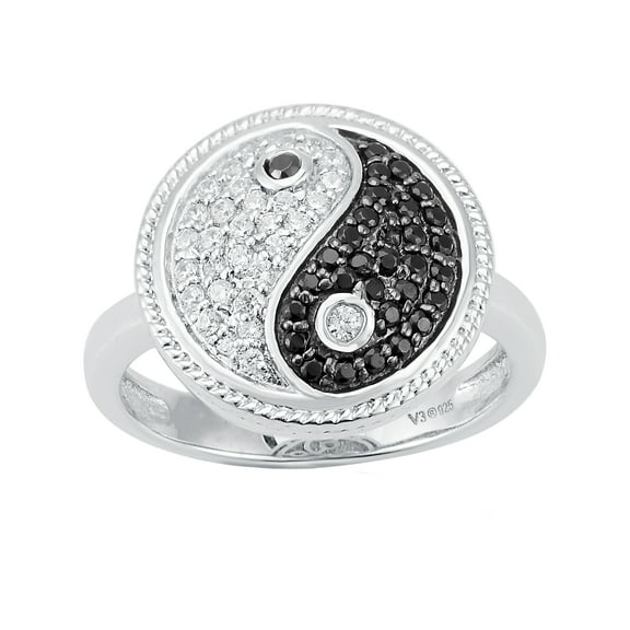 Sterling Silver with Natural Black Spinel and Genuine White Diamond Yin Yang Ring
