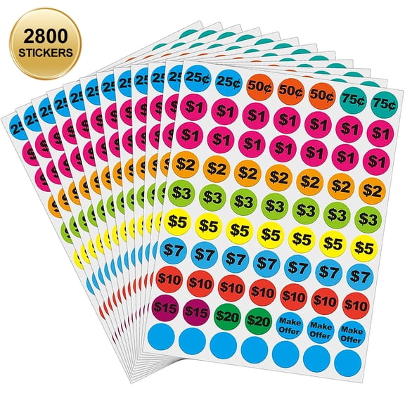 2800 Pcs 3/4 Inch Round Garage Sale Stickers, Removable Preprinted Price Label Stickers for Yard Sale Flea Market Retail