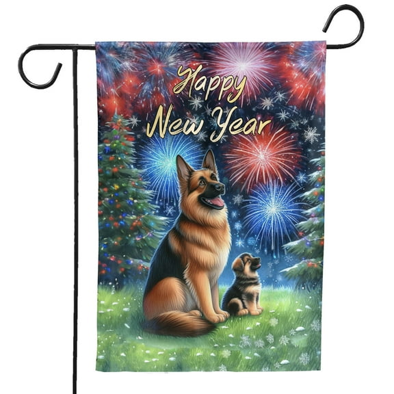 Happy New Year German Shepherd Family Cheer Winter Midnight Firework Garden Flag 12x18in Double Sided Alsatian Dog Lover Gifts Outdoor Decor - 02025
