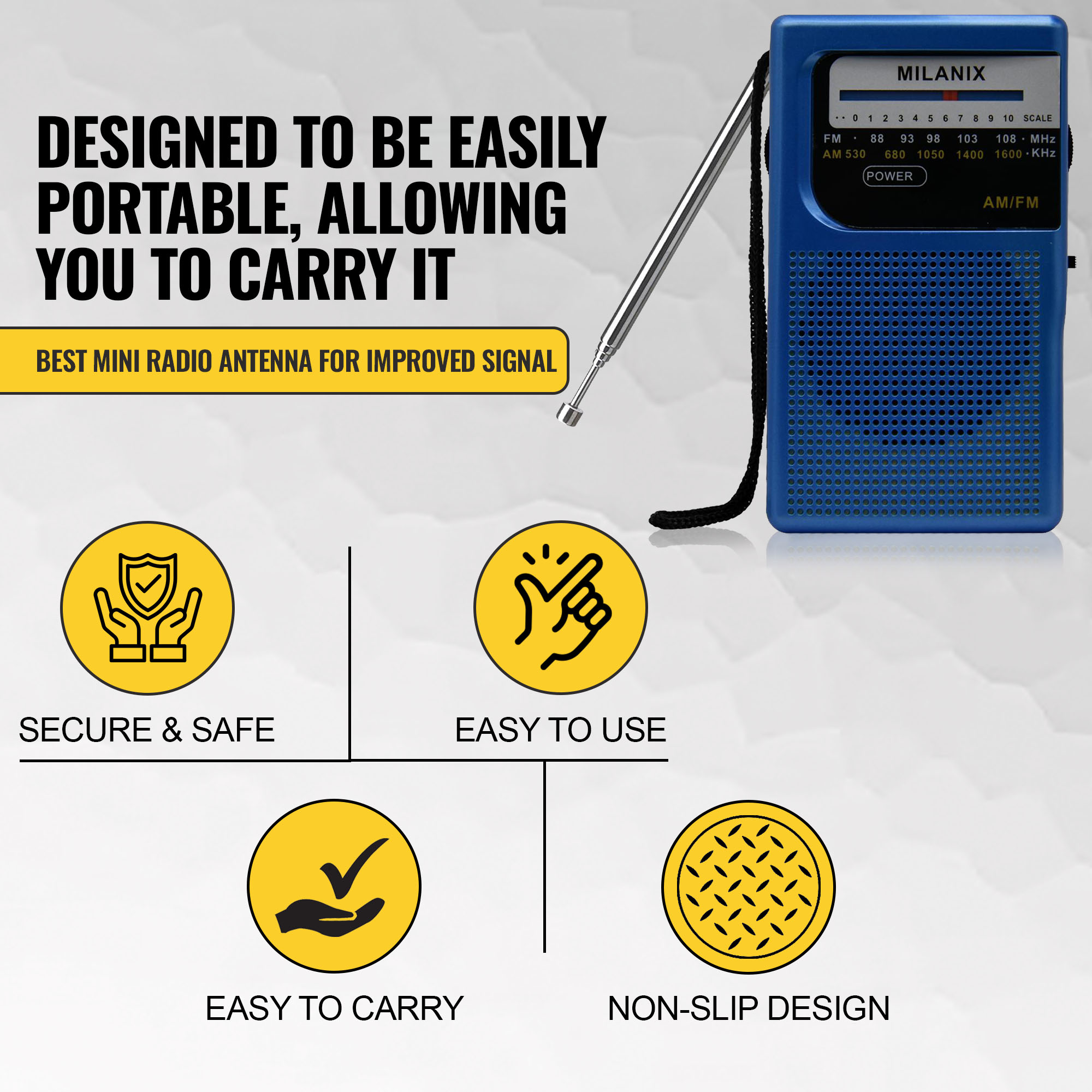 Milanix Small Portable AM/FM Radio, Blue Coral photo 4