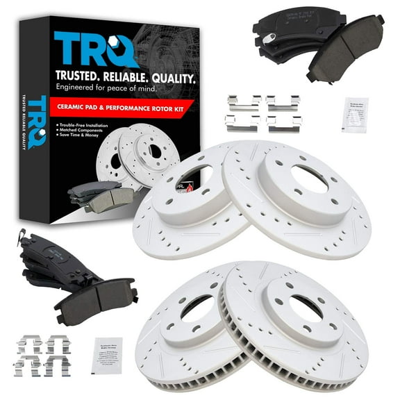 TRQ Brake Rotor Drilled Slotted G-Coated & Ceramic Pad Front & Rear Kit