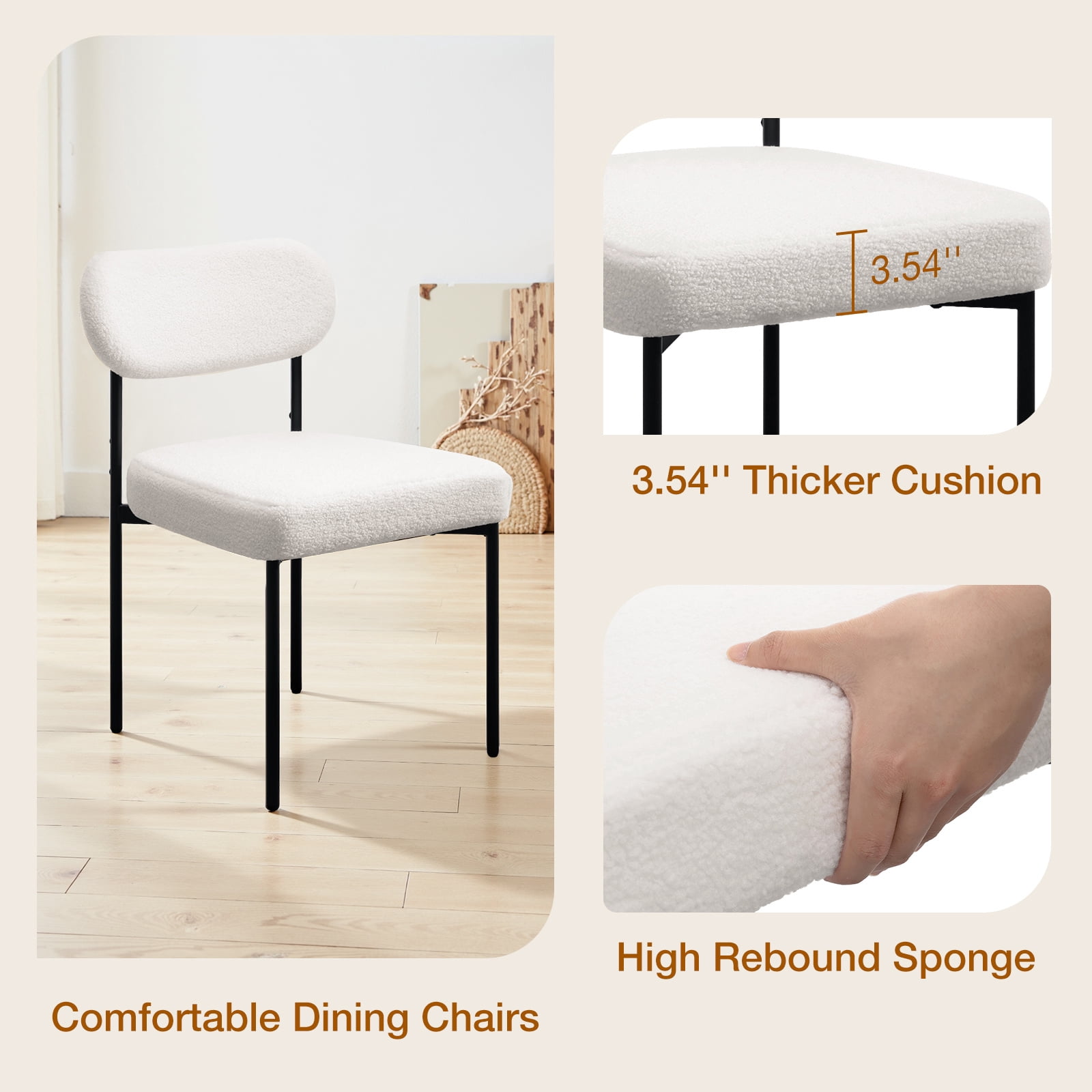 Hommpa Boucle Dining Chairs Set of 2 Modern Upholstered Kitchen Dining Room Chairs with Backrest & Metal Legs Accent Side Chairs White for Dining Kitchen Living Room Bedroom
