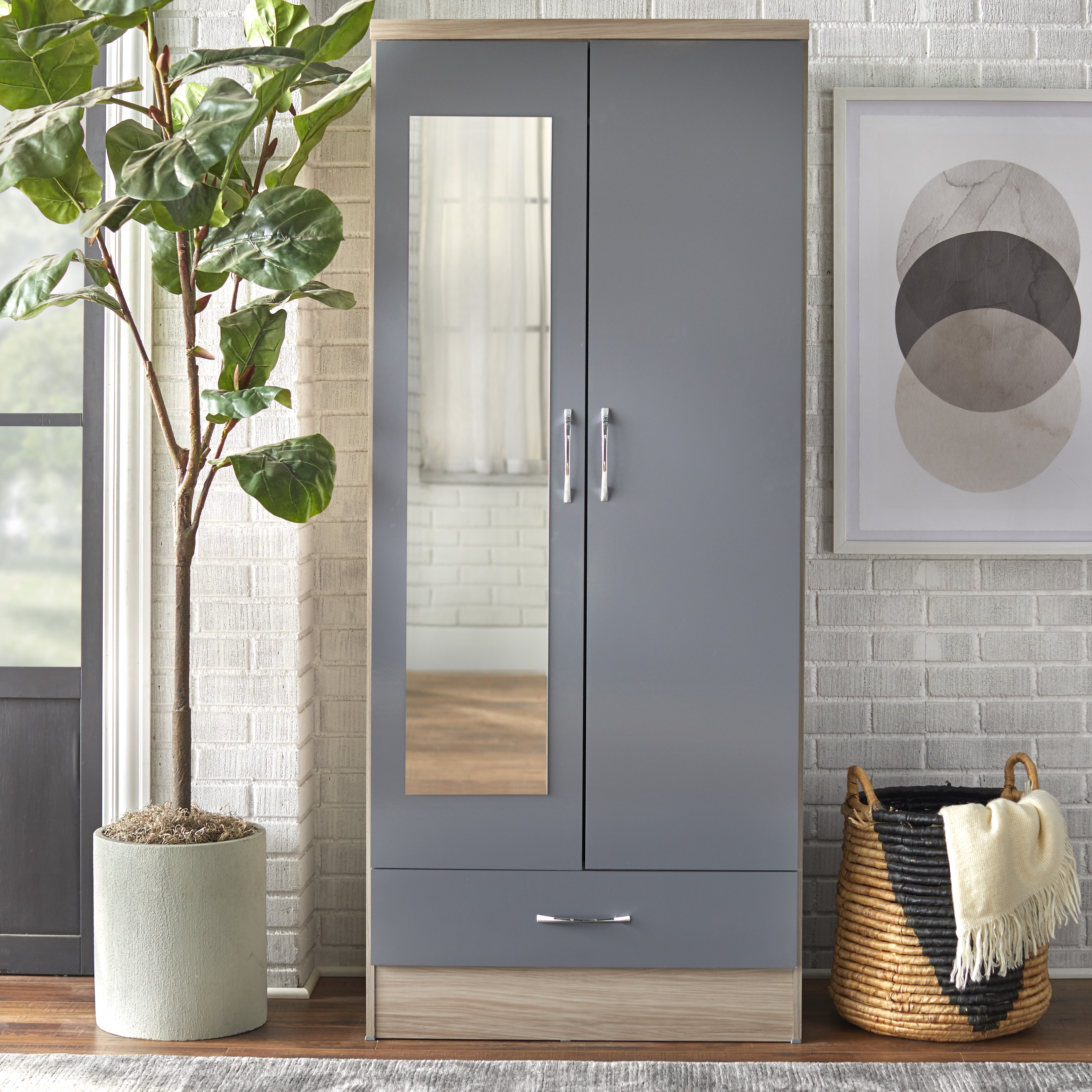 TMS Nevada Mirrored 2 Door Wardrobe, Gray and Natural
