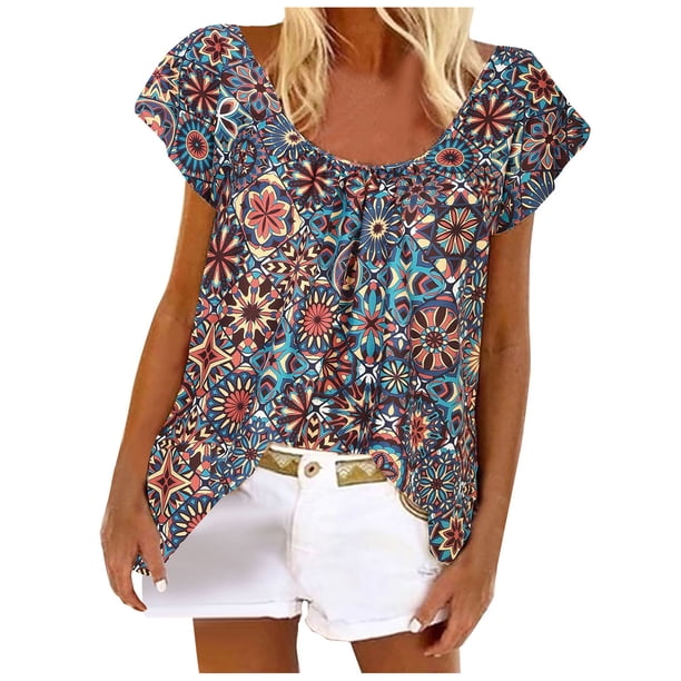 Camiseta informal para mujer, blusa estampada de manga corta con cuello redondo, Tops Fridja zx816